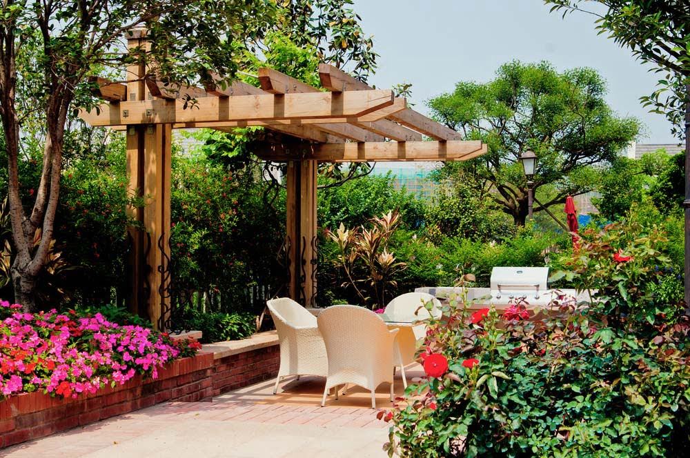 Lush Garden with Wooden Pergola