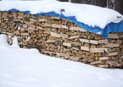 A stack of wood covered in snow