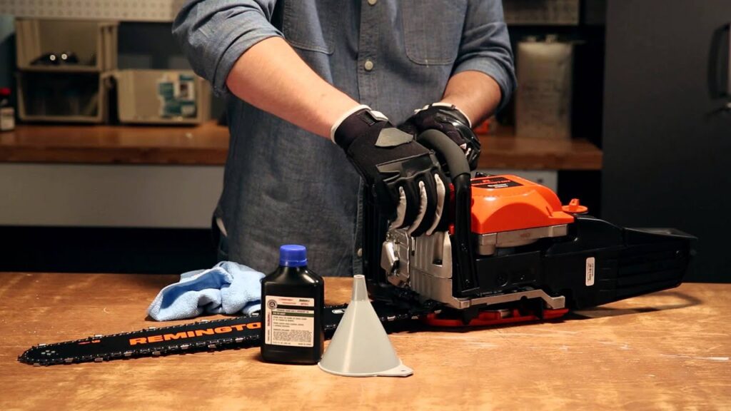 utilizing a chainsaw to cut wood, demonstrating the application of chain stretch prevention methods.