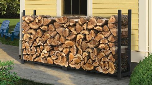 A firewood rack with neatly stacked logs