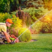 A man watering his lawn with a hose, searching for the best sprinkler