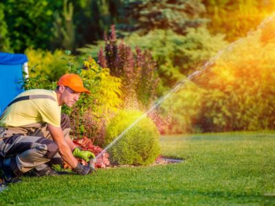 A man watering his lawn with a hose, searching for the best sprinkler